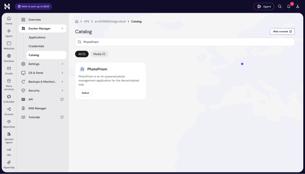 Screenshot of the Docker Manager catalog with the PhotoPrism result