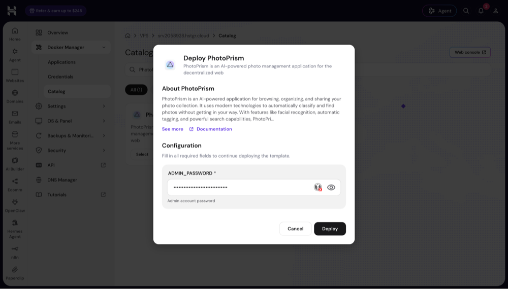 Screenshot of the Deploy PhotoPrism dialog with the admin password field