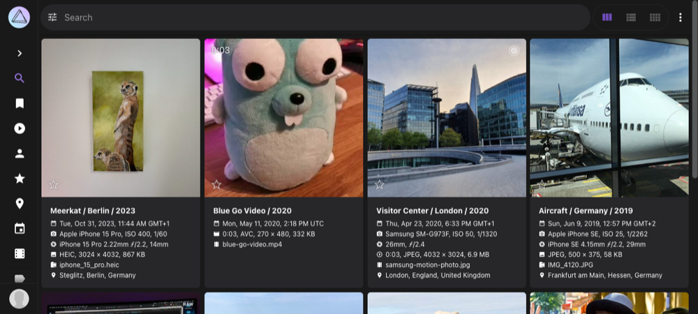 Screenshot of a library with pictures, camera details, and place names